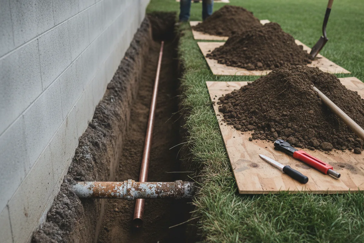Excavated water line trench during Water Softener Installation in Ansonia